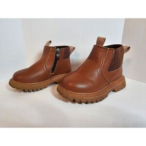 Toddler Brown Faux Leather Chelsea Ankle Boots Side Zip Lug Sole Size 26 EU 9 US